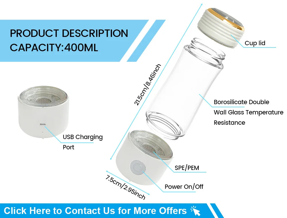 Usb Charging Dupont Hydrogen Water Bottle for Health